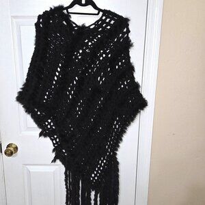 Crochet Poncho with Genuine Rabbit Fur Trim & Fringe Black